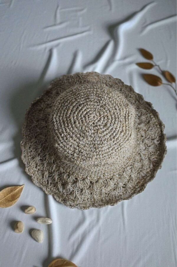 hemp crochet hat top view on a table