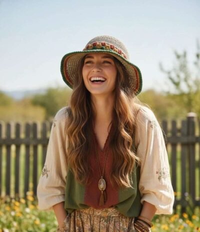 a woman wearing festival crochet hat and laughing