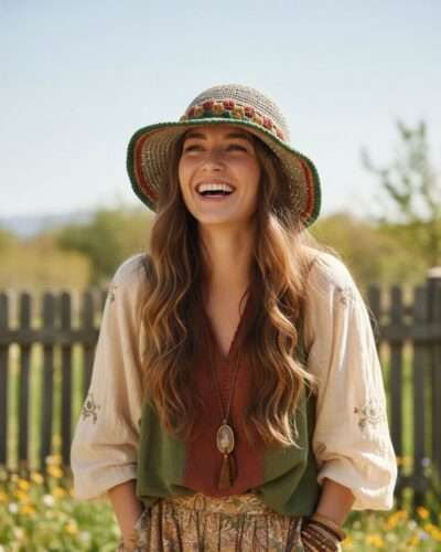 a woman wearing festival crochet hat and laughing