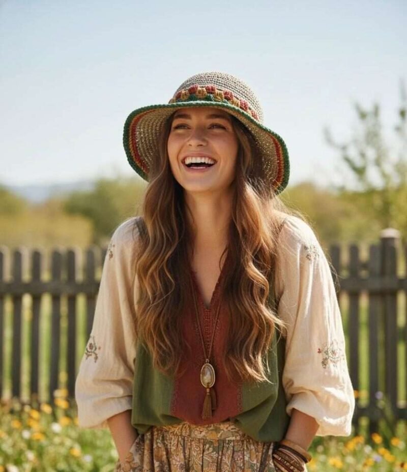 a woman wearing festival crochet hat and laughing