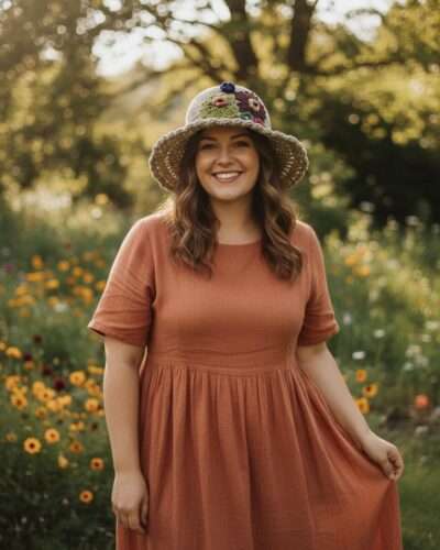 A woman wearing hemp crochet hat with flower embroidery and posing for photo in outdoor setting