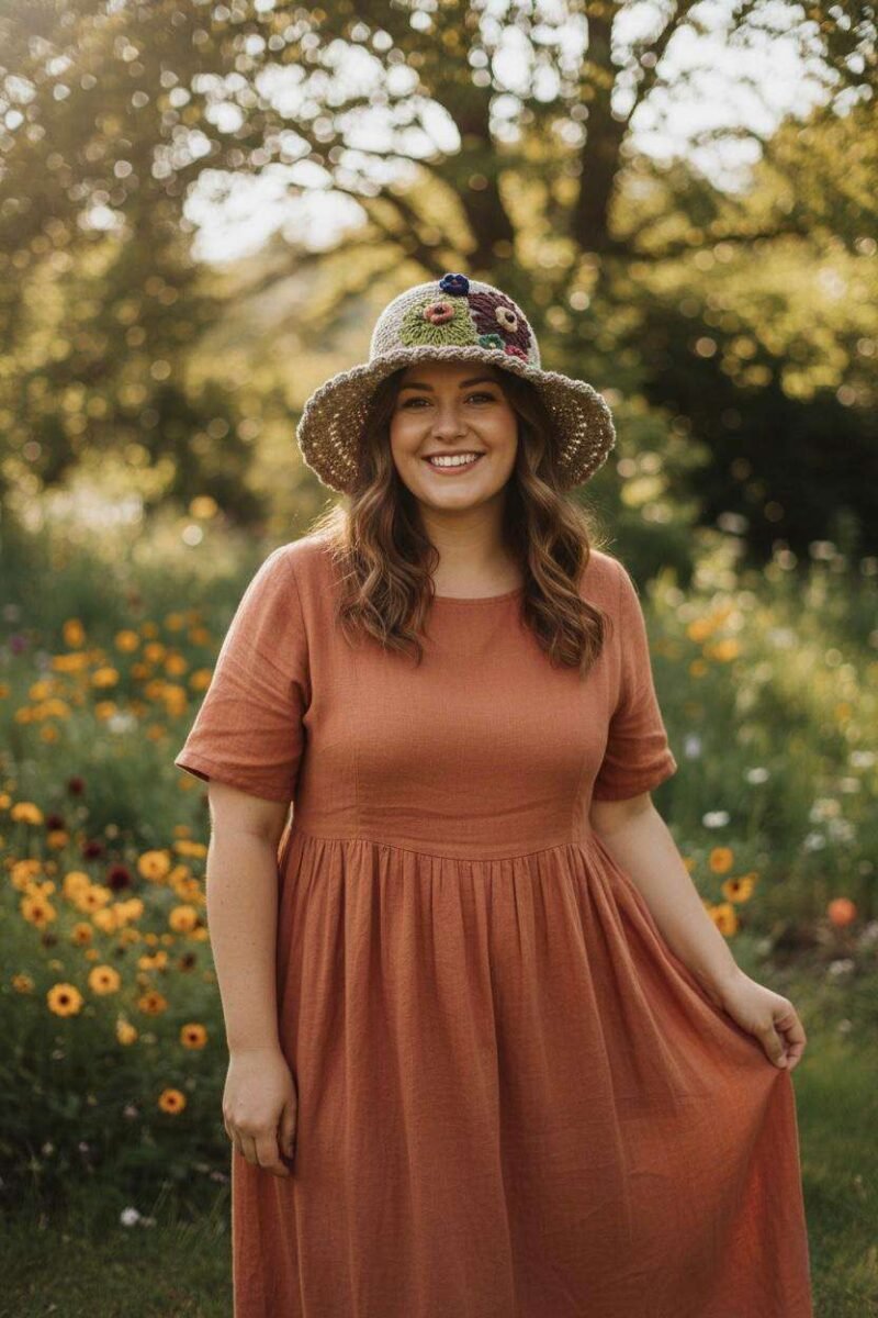 A woman wearing hemp crochet hat with flower embroidery and posing for photo in outdoor setting