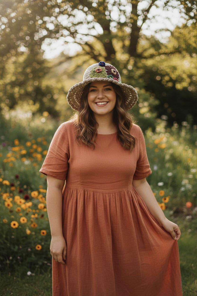 A woman wearing hemp crochet hat with flower embroidery and posing for photo in outdoor setting