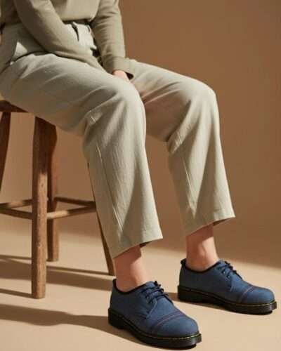 “Handmade hemp shoes with laces, eco-friendly vegan footwear from Nepal, natural dye, only legs visible in frame.”