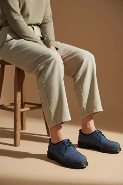 “Handmade hemp shoes with laces, eco-friendly vegan footwear from Nepal, natural dye, only legs visible in frame.”