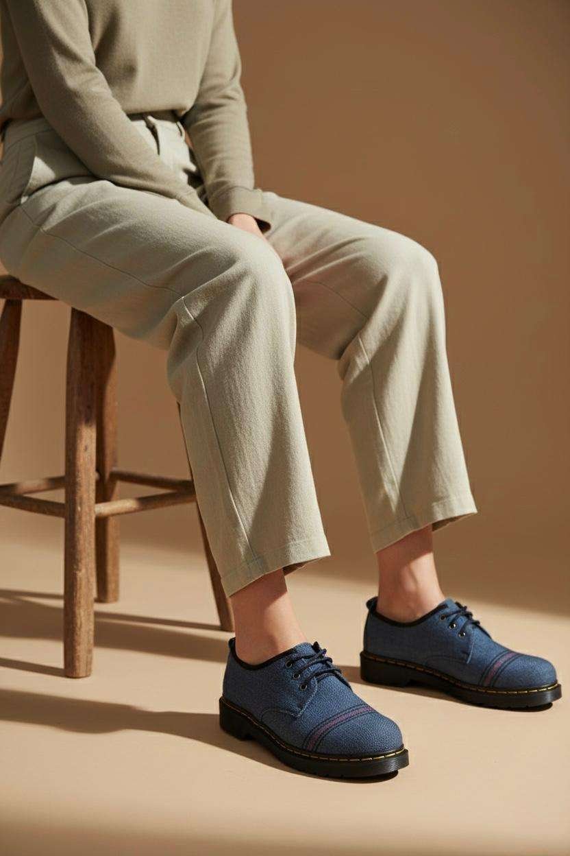“Handmade hemp shoes with laces, eco-friendly vegan footwear from Nepal, natural dye, only legs visible in frame.”