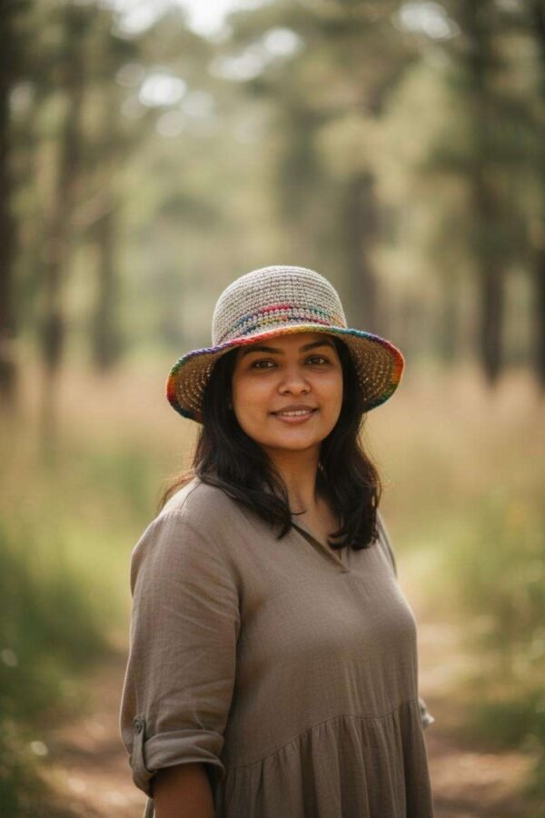 A woman wearing hemp rainbow bordered crochet hat