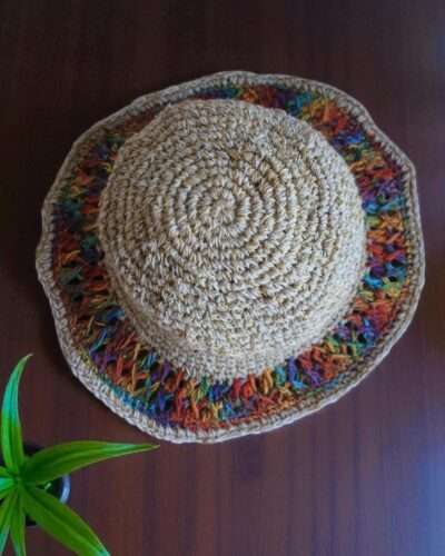 colorful crochet hat on table