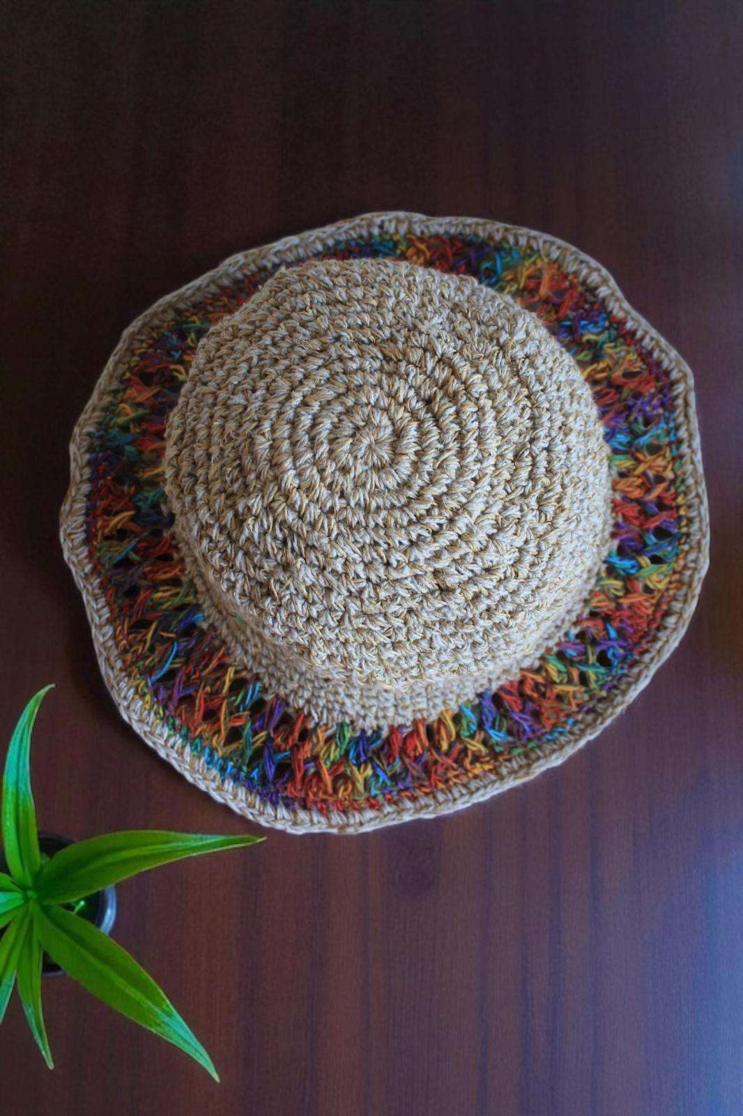 colorful crochet hat on table