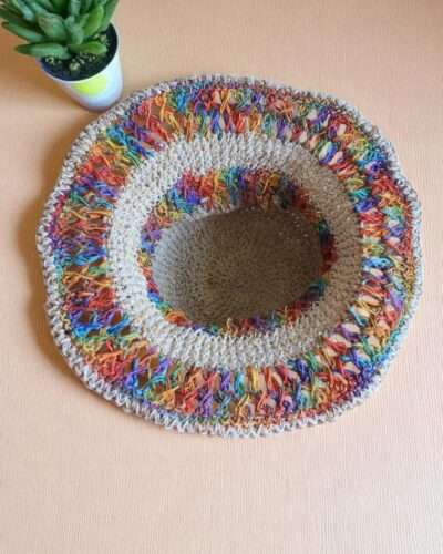 colorful crochet hat on table