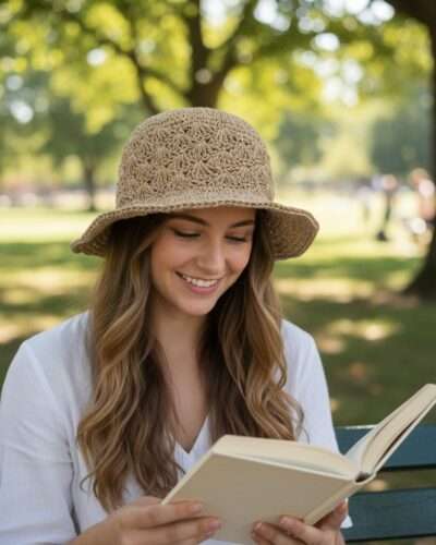 a woman wearing Kathmandu Knot crochet hat and reading a book sitting in a park