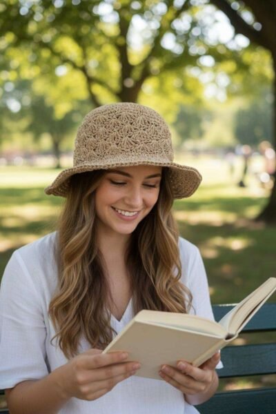 a woman wearing Kathmandu Knot crochet hat and reading a book sitting in a park
