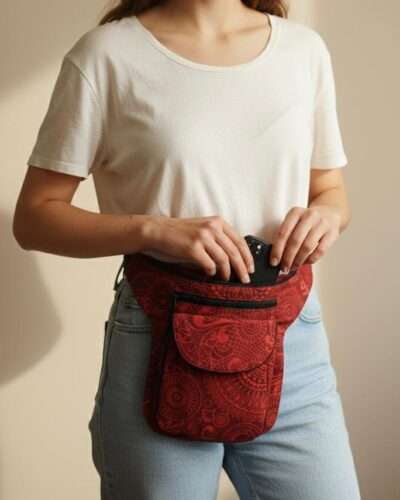 a woman carrying cotton bum bag around her waist in plain background