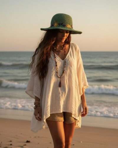 a woman wearing kumari crochet hat green and walking on the beach