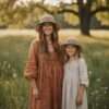 mother daughter wearing hemp crochet hat rainbow border