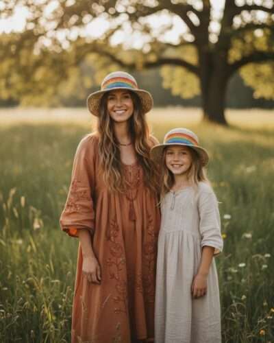 mother daughter wearing hemp crochet hat rainbow border