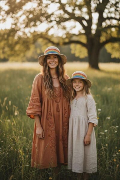 mother daughter wearing hemp crochet hat rainbow border