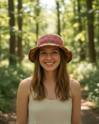A woman wearing hemp hat in natural setting