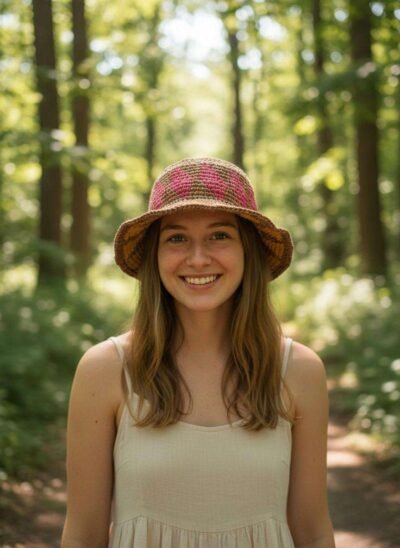 A woman wearing hemp hat in natural setting
