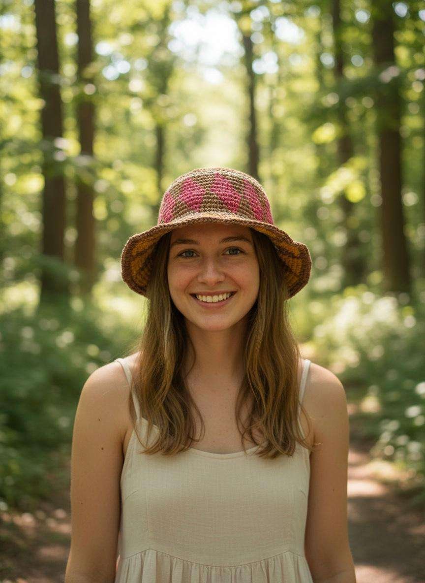 A woman wearing hemp hat in natural setting