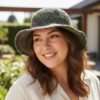 A woman wearing hemp crochet hat