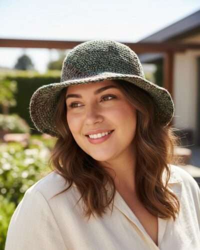 A woman wearing hemp crochet hat
