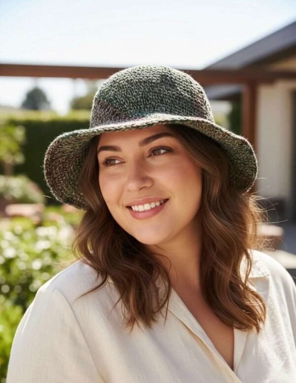 A woman wearing hemp crochet hat