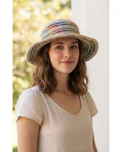A woman wearing hemp crochet hat in outdoor setting