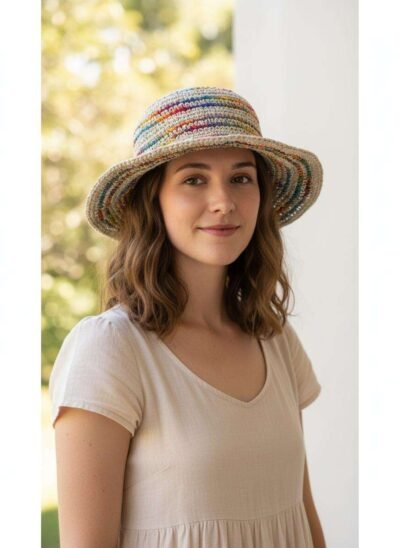 A woman wearing hemp crochet hat in outdoor setting