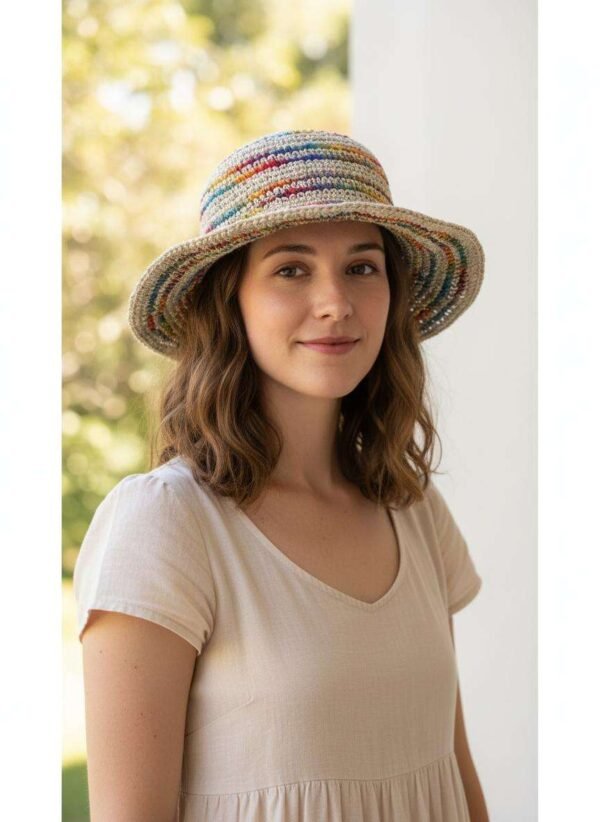 A woman wearing hemp crochet hat in outdoor setting