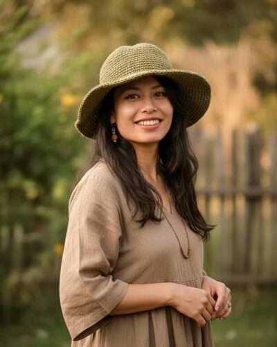 a woman wearing hemp crochet hat in natural setting