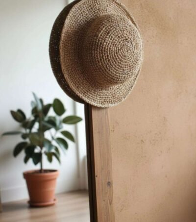 Simple beige crochet hat hanged on a mirror