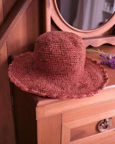 handmade wide brim hemp hat on display