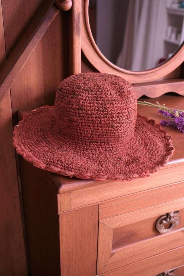 handmade wide brim hemp hat on display