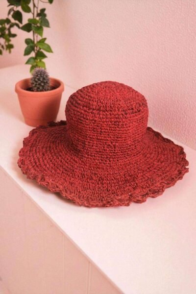 Solid Red Crochet Hat - Wide Brim - Image 2