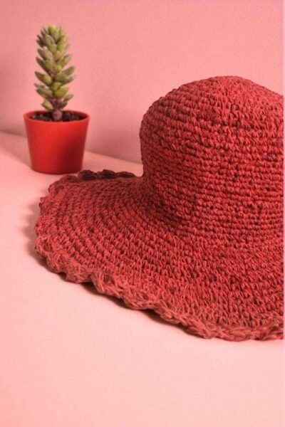 Solid Red Crochet Hat - Wide Brim - Image 6
