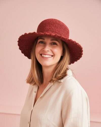 A woman wearing wide brim red crochet hat and smiling