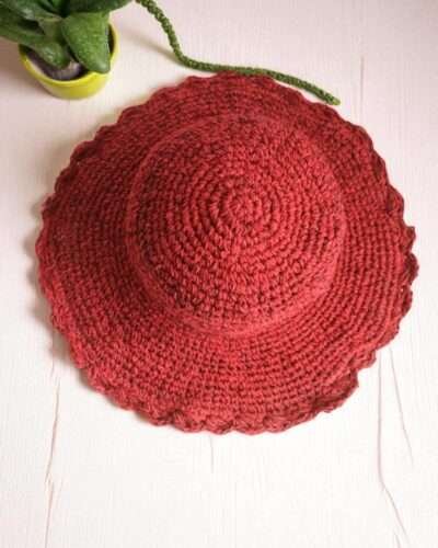 Solid Red Crochet Hat - Wide Brim - Image 4