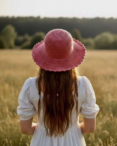 Solid Pink Crochet Hat with Wide Brim for Sun Protection - Image 6