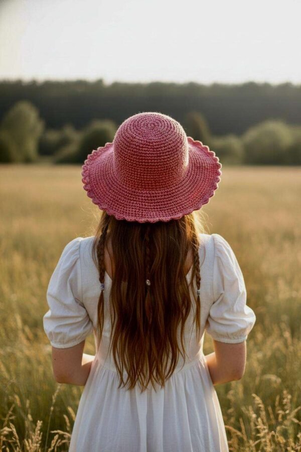 Solid Pink Crochet Hat with Wide Brim for Sun Protection - Image 6