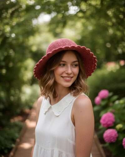 a woman wearing solid pink crochet hat and posing