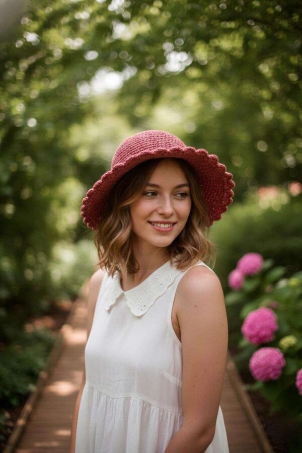 a woman wearing solid pink crochet hat and posing