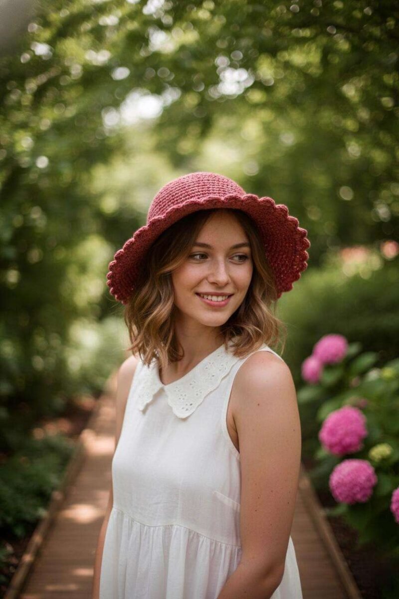 a woman wearing solid pink crochet hat and posing