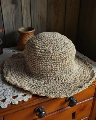 Textured Border Beige Crochet Hat – handmade hemp hat on table