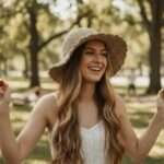 Textured Border Beige Crochet Hat with Wide Brim - Natural UV Protection