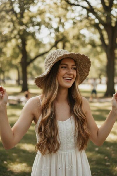 Textured Border Beige Crochet Hat with Wide Brim - Natural UV Protection