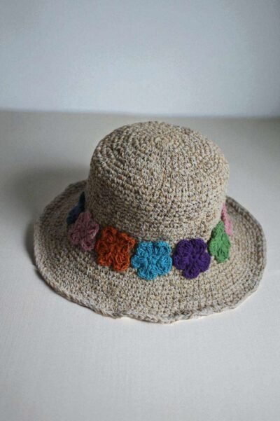 Hemp crochet hat flower embroidery top view