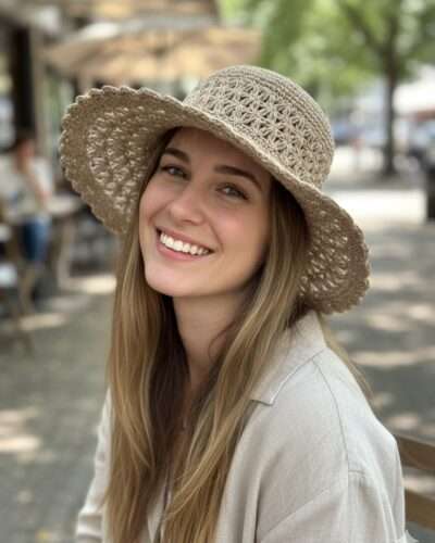 a woman wearing beige nest crochet hat and smiling in natural setting