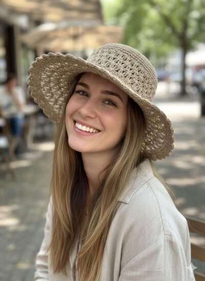 a woman wearing beige nest crochet hat and smiling in natural setting