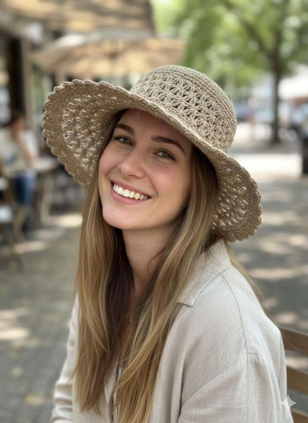 a woman wearing beige nest crochet hat and smiling in natural setting